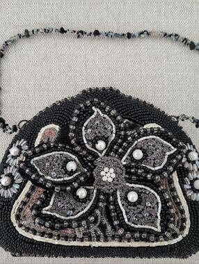 Vintage Beaded & Brocade Handbag Black & Copper Beaded Flower & Strap 9" x 6"